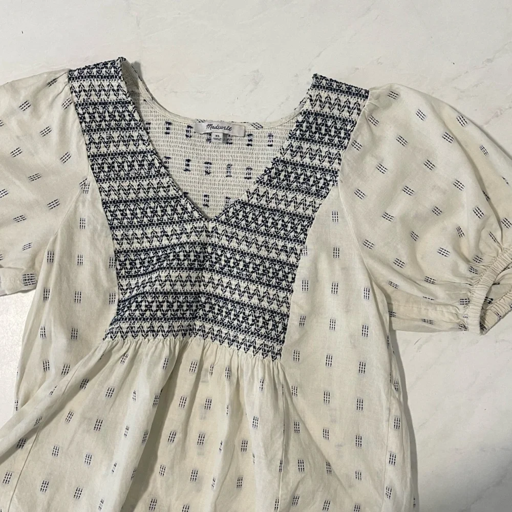 Madewell White Blue Embroidered Clipdot Puff Sleeve Yoke Top Size XS